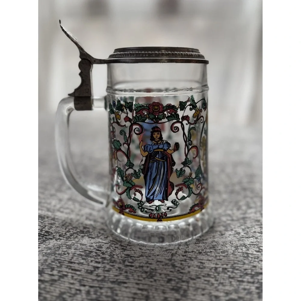 VINTAGE BMF‎ WEST GERMANY GLASS BEER STEIN WITH PEWTER LID Hand Painted